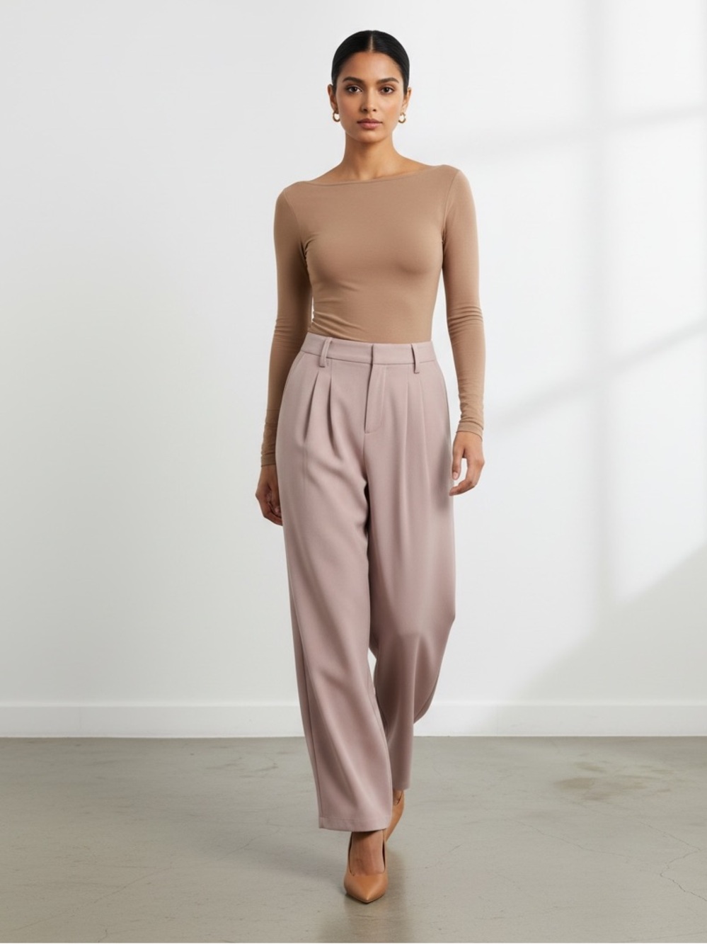 1123 • French Taupe Soft Stretch Pull on Wide Leg Belt Loop Trouser
